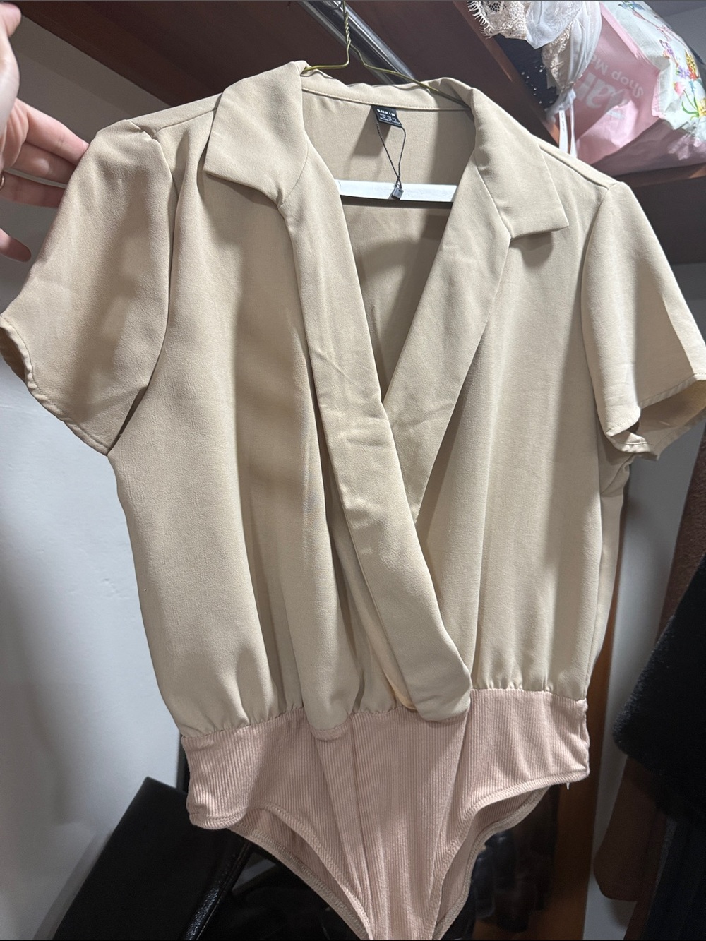 Beige & Blush Short Sleeve Surplice Bodysuit